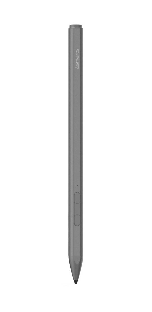 Ein eleganter, grauer digitaler Stift mit schlankem Design, ausgestattet mit zwei Seitentasten.