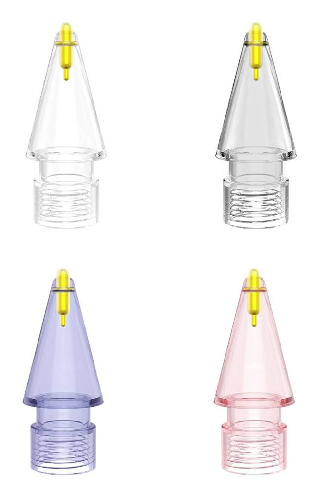 Vier kegelförmige Kunststoffobjekte mit gelben Spitzen und Gewindelökungen; Farben sind transparent, grau, blau und rosa, in einem Gitter angeordnet.