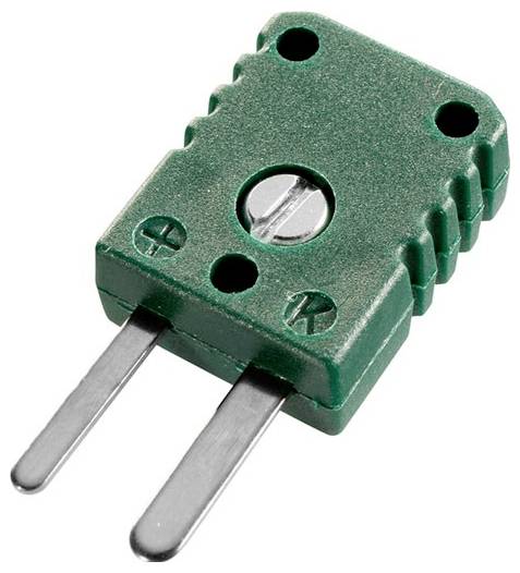 Ein grüner Thermoelement-Stecker mit zwei Zapfen und einer zentralen Schraube wird gezeigt; er verfügt über Plus- und Minussymbole neben den Zapfen.