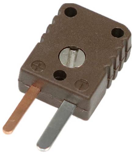 Ein brauner Thermoelement-Stecker mit einer Schraube in der Mitte, versehen mit zwei Stiften; einer ist aus Kupfer und der andere ist aus Silber.