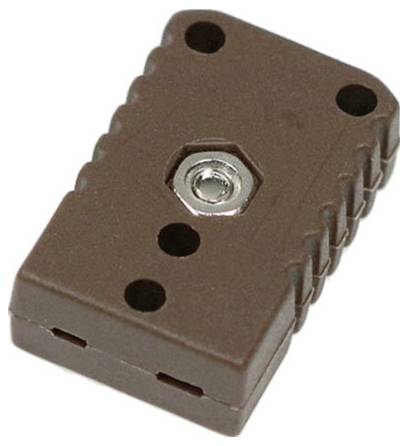 Ein brauner rechteckiger Thermoelement-Stecker mit einem metallischen Anschluss in der Mitte und drei kreisförmigen Löchern auf seiner Oberfläche.
