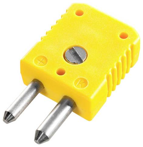 Ein gelber Thermoelement-Stecker mit zwei Metallstiften und einer Schraube in der Mitte, beschriftet mit '+' und '-' Zeichen zur Polaritätsangabe.