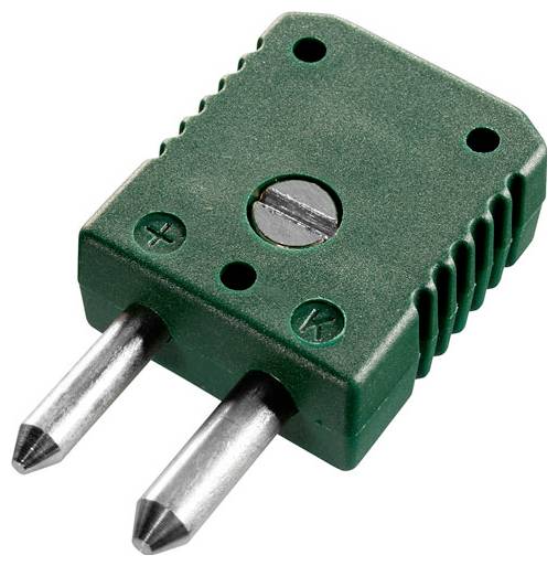 Ein grüner Elektrostecker-Adapter mit zwei Metallstiften und Symbolen für Positiv und Negativ.