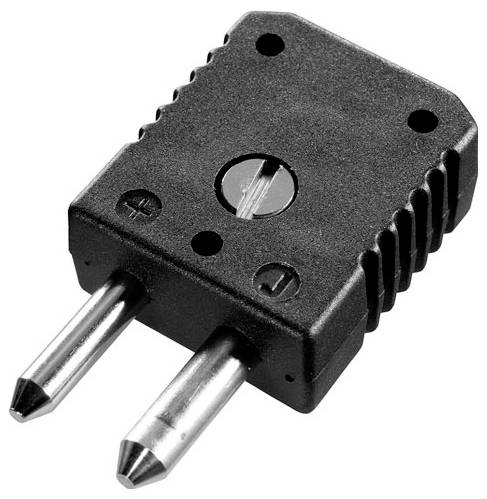 Schwarzer Elektrostecker mit zwei Metallstiften, verwendet zum Verbinden von Geräten mit einer Stromquelle.