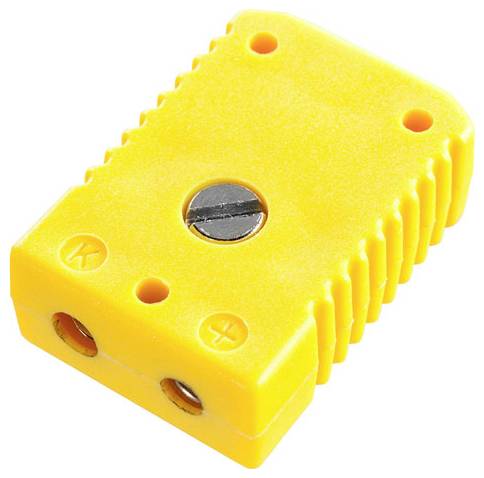 Ein gelber Thermoelement-Stecker mit einer zentralen Metallschraube und '+' und '-' Symbolen, die die Polarität anzeigen.