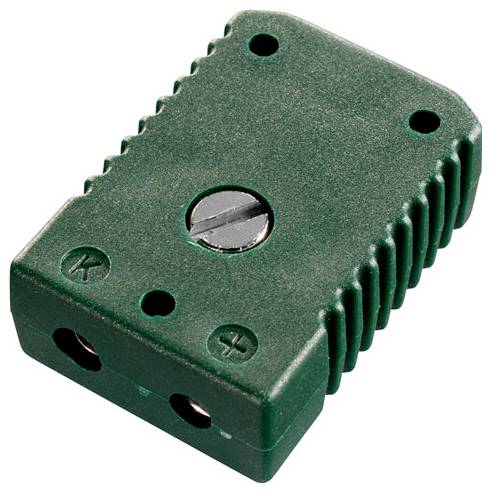 Ein grüner Thermoelement-Stecker mit zwei Kontakten, die mit „K