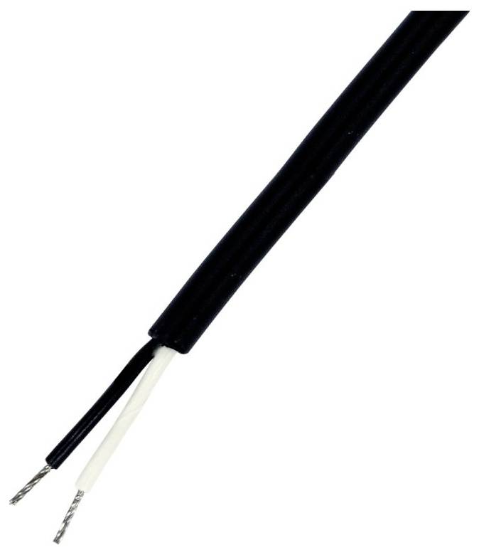 Ein schwarzes Stromkabel mit zwei freiliegenden Drähten, einer schwarz und einer weiß, die aus dem Ende herausragen.