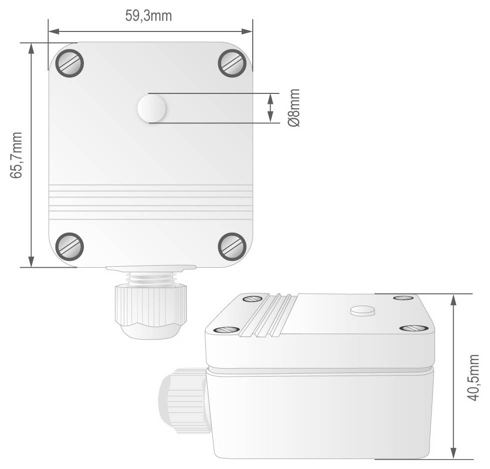 Technische Zeichnung eines quadratischen Gehäuses mit Schraubendetails, mit Abmessungen von 65,7 mm x 59,3 mm oben und 40,5 mm Tiefe.