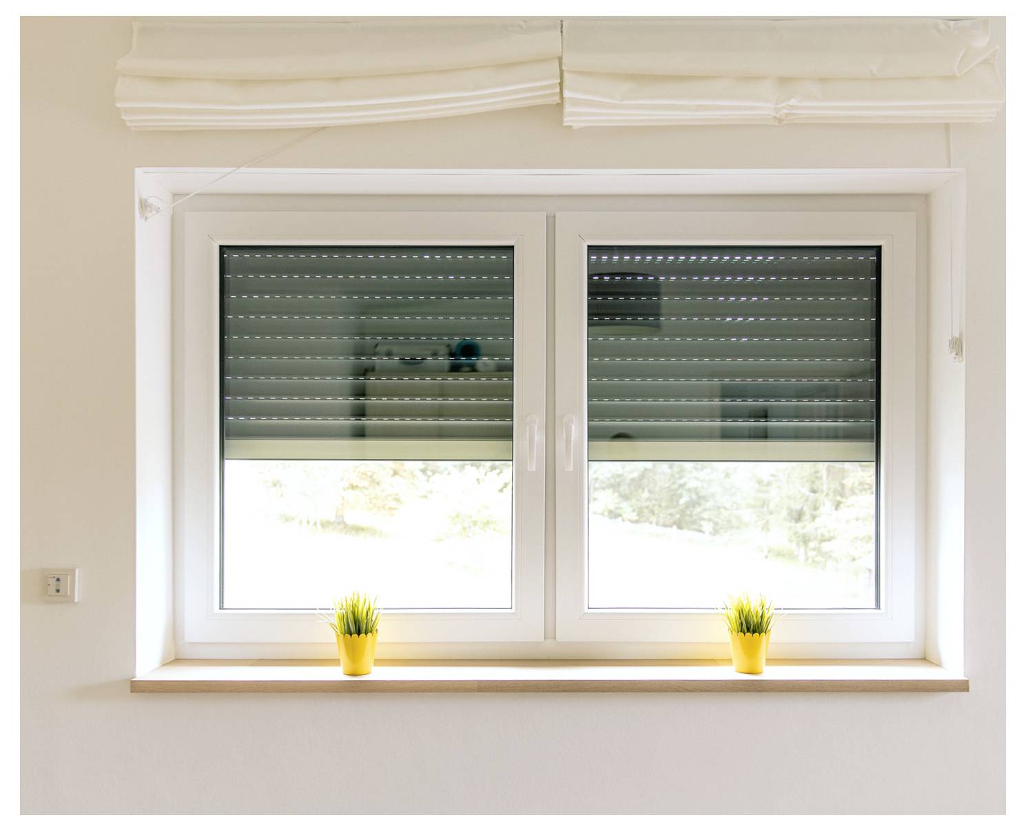 Ein Doppelfenster mit teilweise geschlossenen Jalousien. Zwei kleine Topfpflanzen stehen auf der Fensterbank, und durch das Fenster ist eine Außenansicht sichtbar.