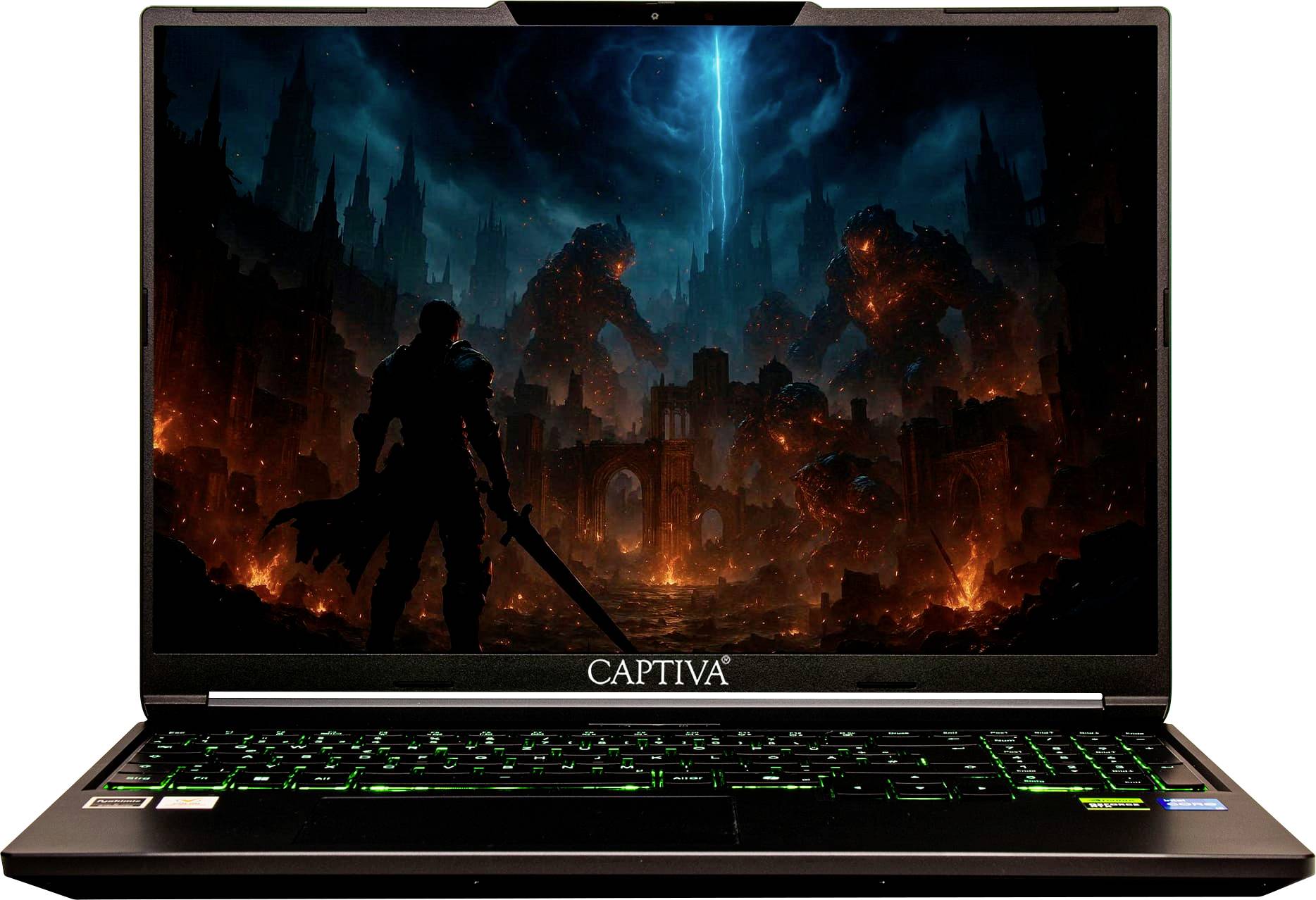 Der Laptop-Bildschirm zeigt ein Fantasy-Videospiel mit der Silhouette eines Kriegers, der ein Schwert hält und vor einer feurigen, geheimnisvollen Landschaft steht.