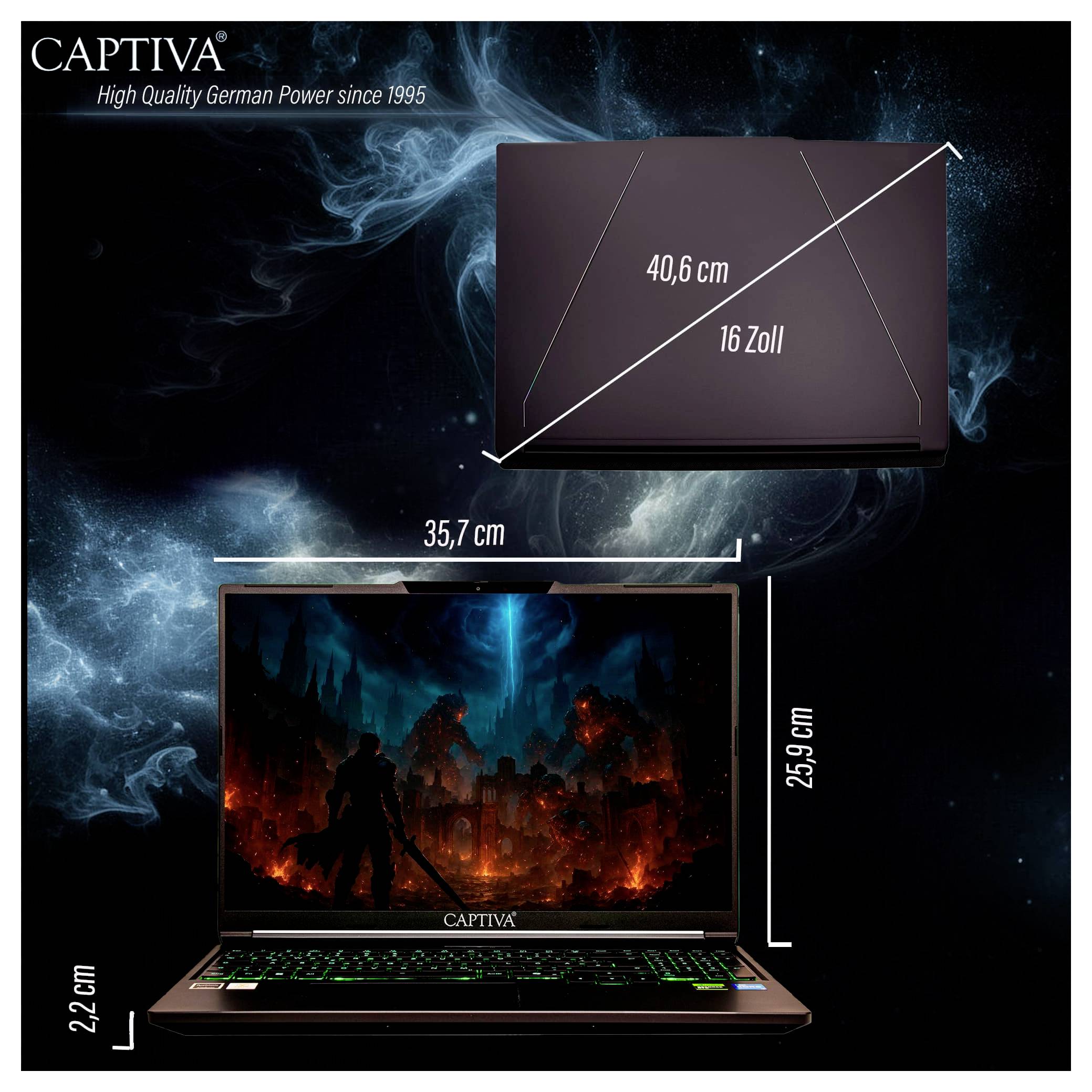 'CAPTIVA Laptop: High Quality German Power since 1995.' Bild zeigt Laptop mit blau-grün beleuchteter Tastatur und einem Fantasy-Hintergrund auf dem Bildschirm. Maße: 40,6 cm x 35,7 cm x 2,2 cm, 16 Zoll Display.