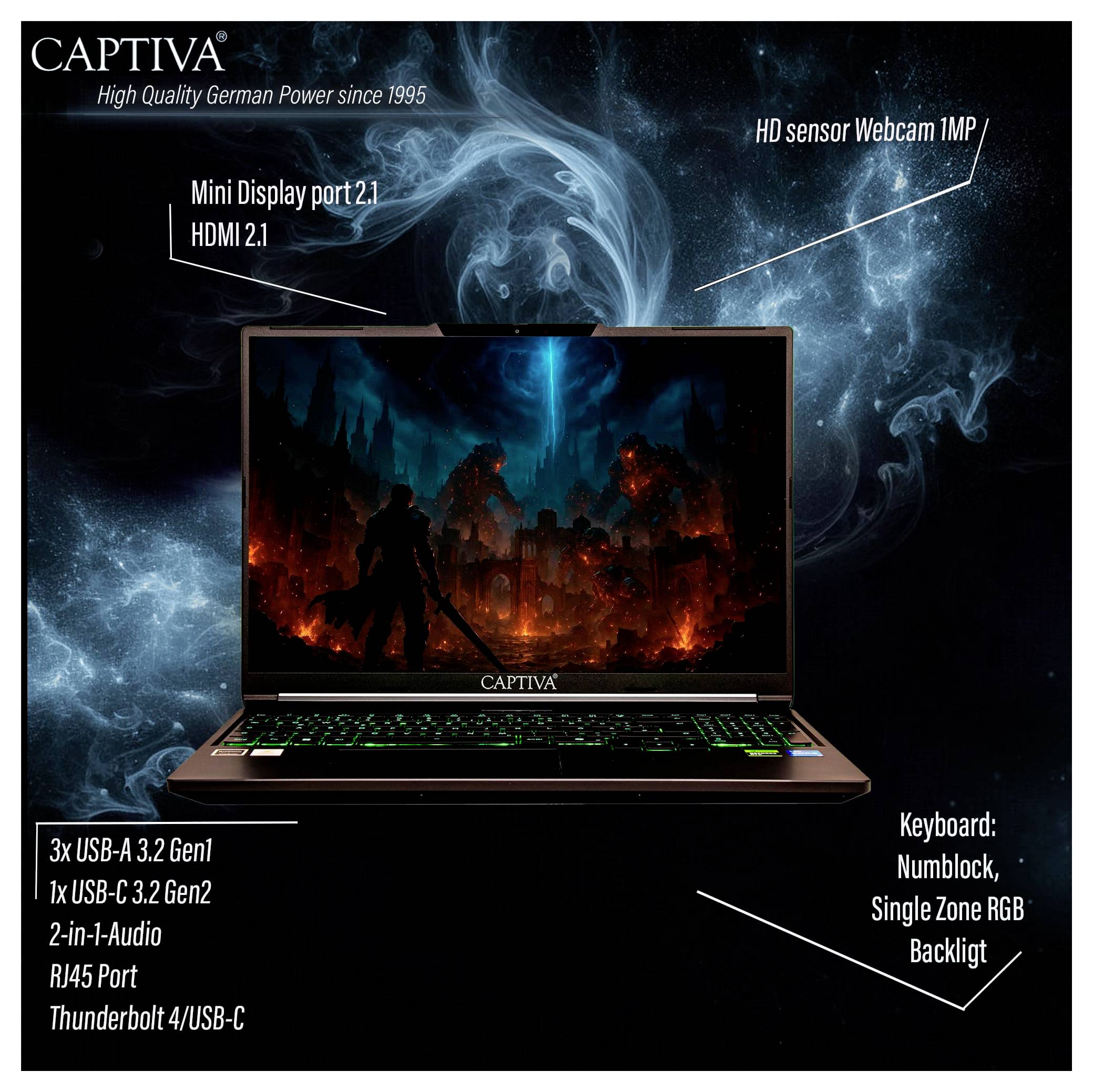 Laptop mit beleuchtetem Keyboard und Fantasy-Hintergrundbild auf Bildschirm. Markenname oben links. Anschlüsse und Merkmale beschrieben.