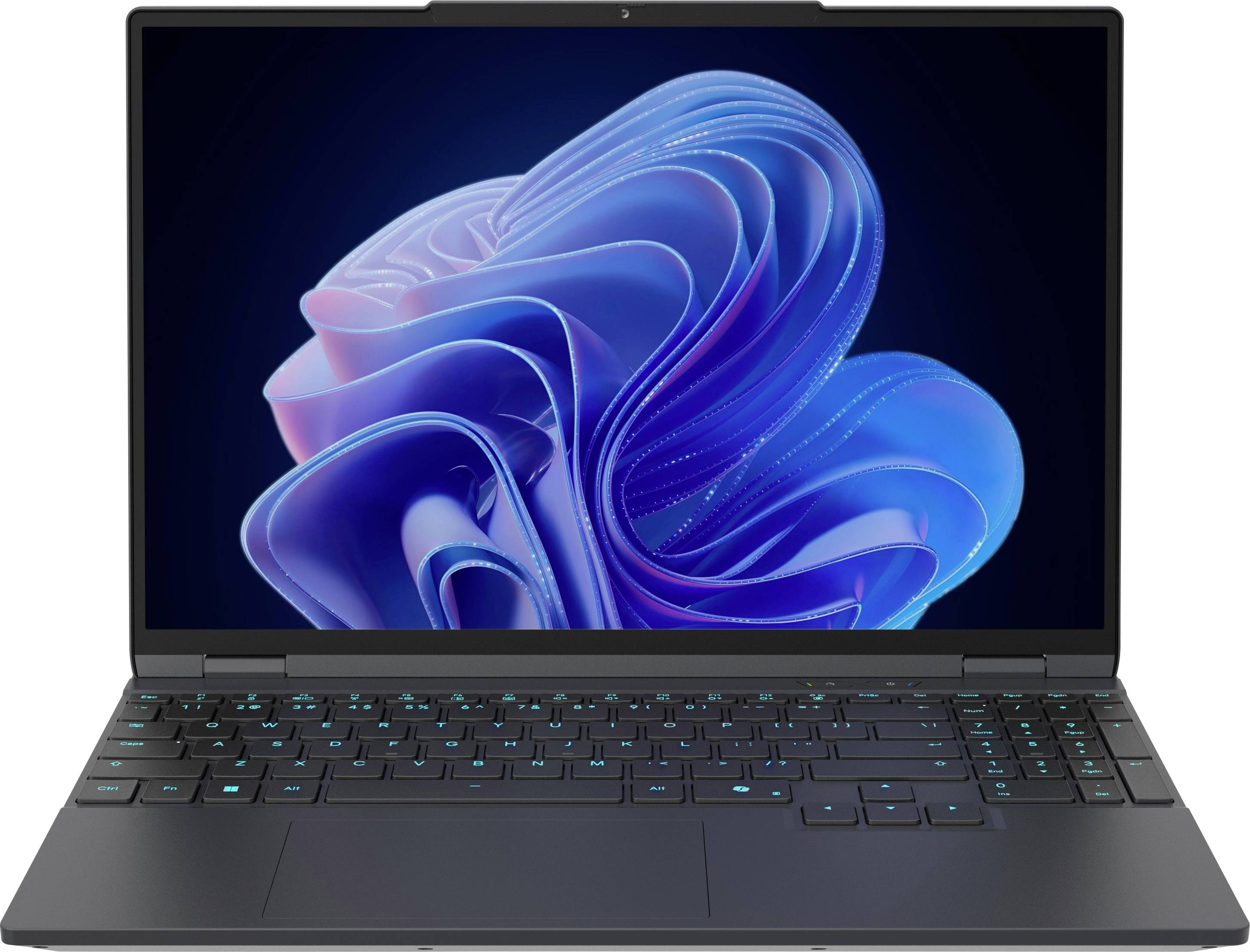 Ein Laptop zeigt ein abstraktes, blaues Wirbelmuster auf dem Bildschirm. Die Tastatur ist mit türkisfarbener Hintergrundbeleuchtung beleuchtet.