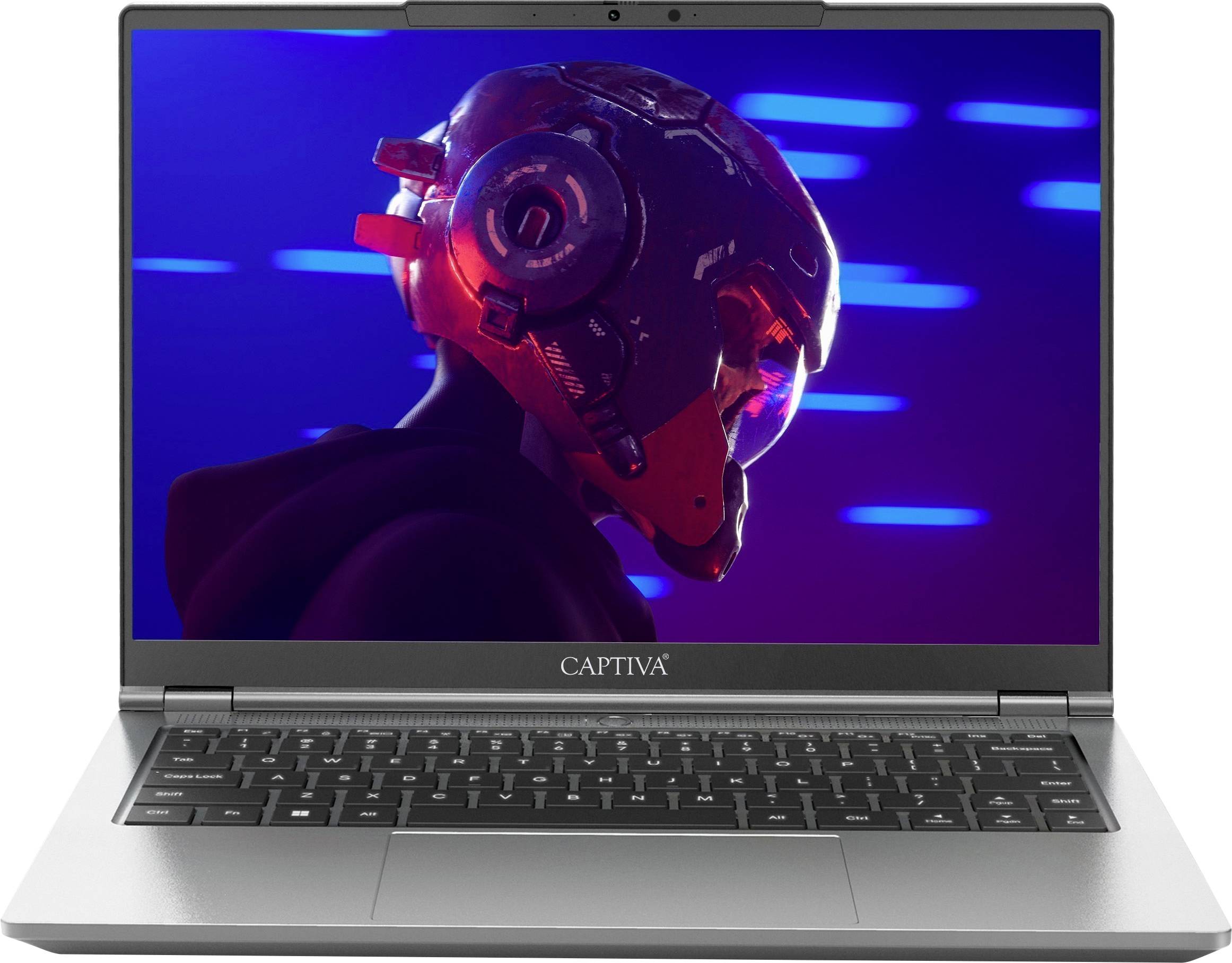 Ein Laptop zeigt einen Bildschirm mit einem futuristisch gestalteten Bild einer Person, die einen hochmodernen roten Helm gegen einen neonbeleuchteten Hintergrund trägt.