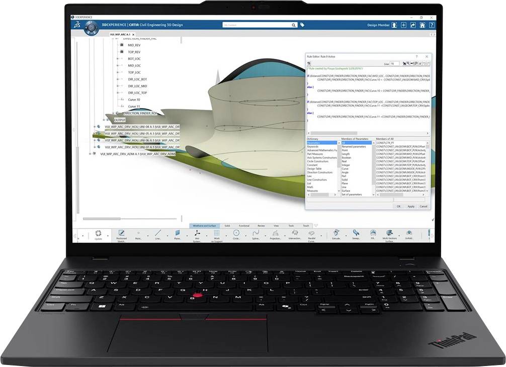 Laptop mit CAD-Software, auf dem ein 3D-Architekturmodell und ein offenes Eigenschaften-/Ebenen-Panel auf der rechten Seite angezeigt werden.