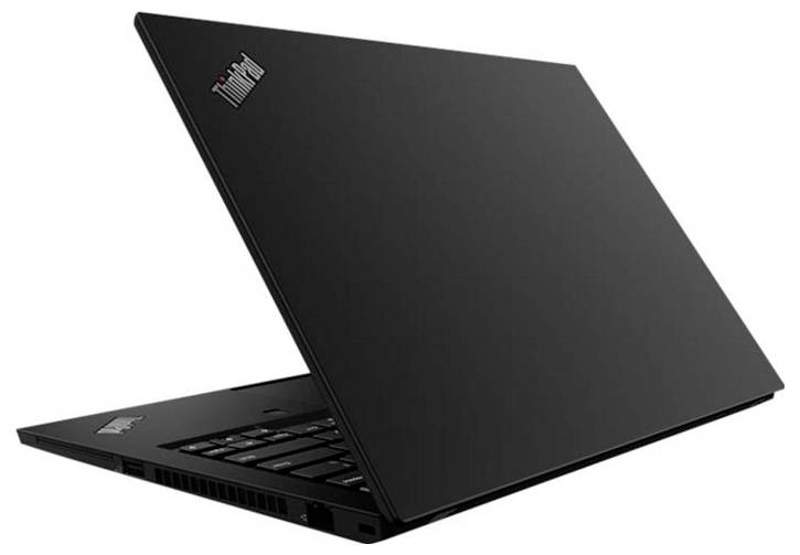 Ein schwarzes Lenovo ThinkPad Laptop, teilweise geöffnet auf weißem Hintergrund gezeigt, mit dem ThinkPad-Logo auf dem Deckel und der Handablage sichtbar.