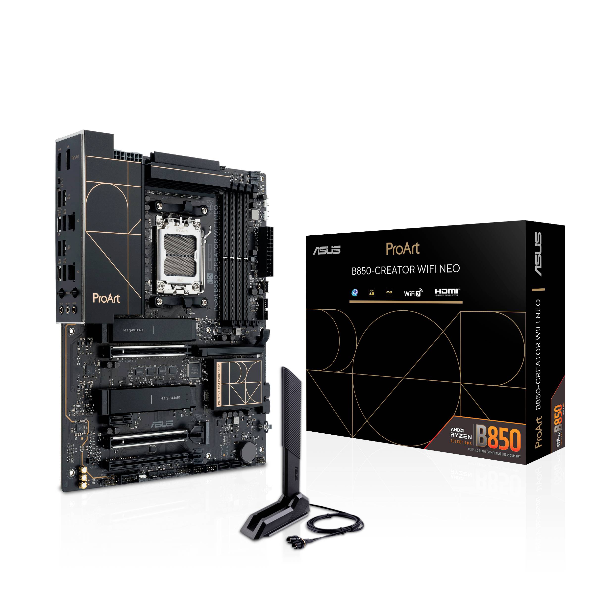 ASUS ProArt B650-Creator WiFi Motherboard mit Verpackung und WLAN-Antenne; bietet AMD AM5-Sockel, PCIe 5.0, HDMI- und USB 3.2-Unterstützung.
