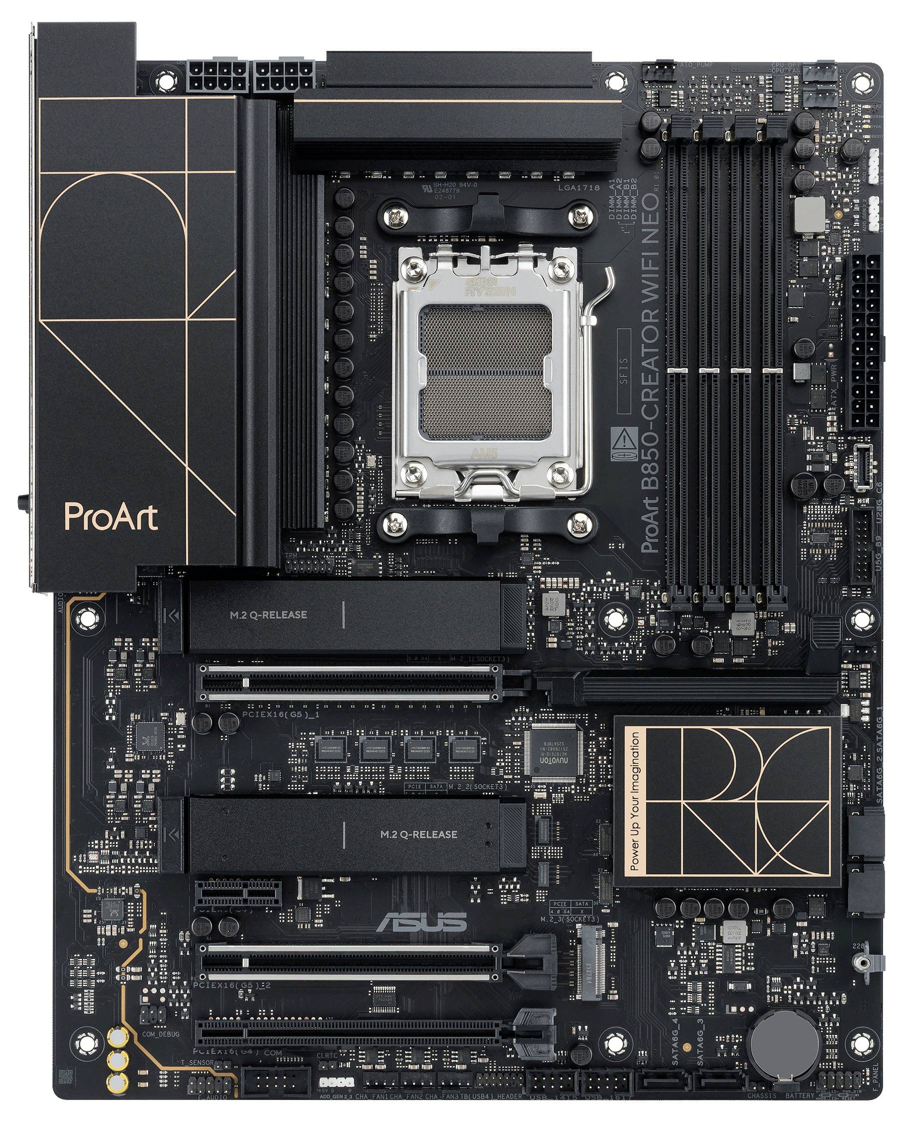 ASUS ProArt B650-Creator WiFi Motherboard mit mehreren PCIe-Steckplätzen, RAM-Steckplätzen und einem charakteristischen schwarz-goldenen Design.
