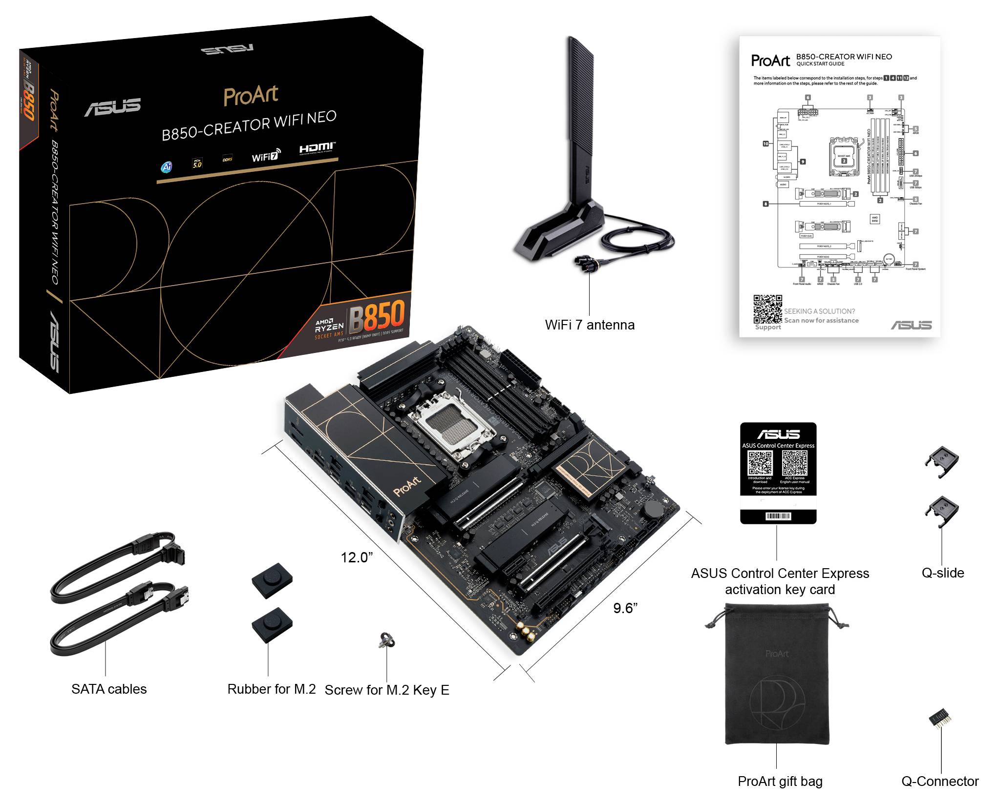 ASUS ProArt B850-CREATOR WiFi NEO Motherboard mit WiFi 7 Antenne, SATA-Kabeln, M.2 Schraube Gummi, Aktivierungsschlüsselkarte und Q-Connector.