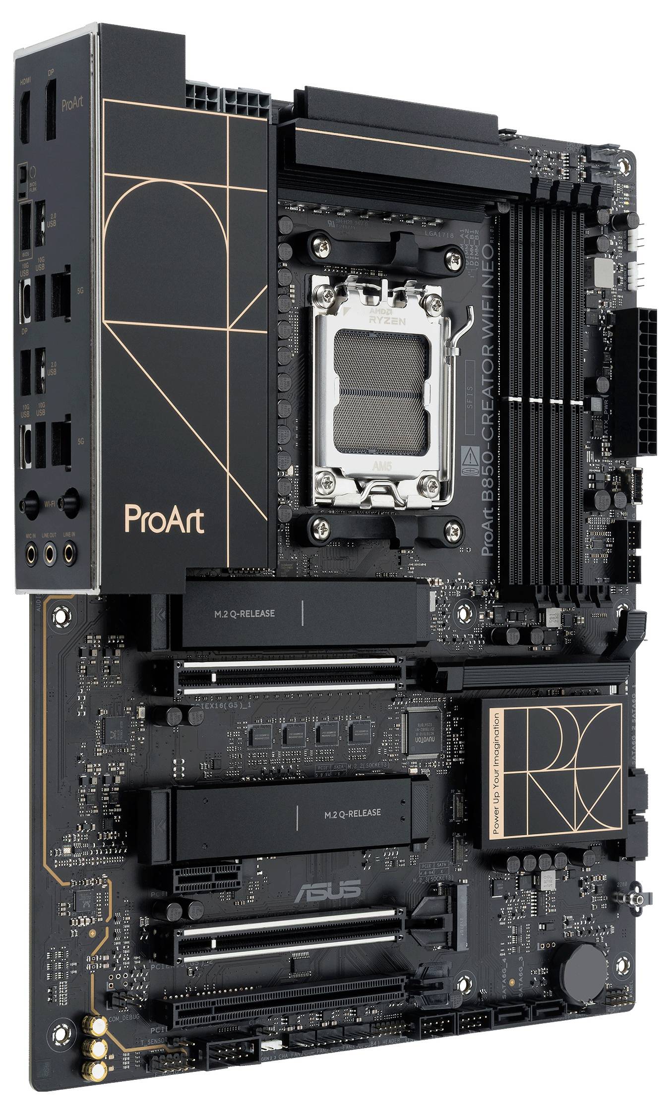 Ein grau-silbernes Computer-Motherboard mit verschiedenen Komponenten wie RAM-Steckplätzen, Prozessorsockel, Kühlkörpern und Anschlüssen, entworfen von Gigabyte.