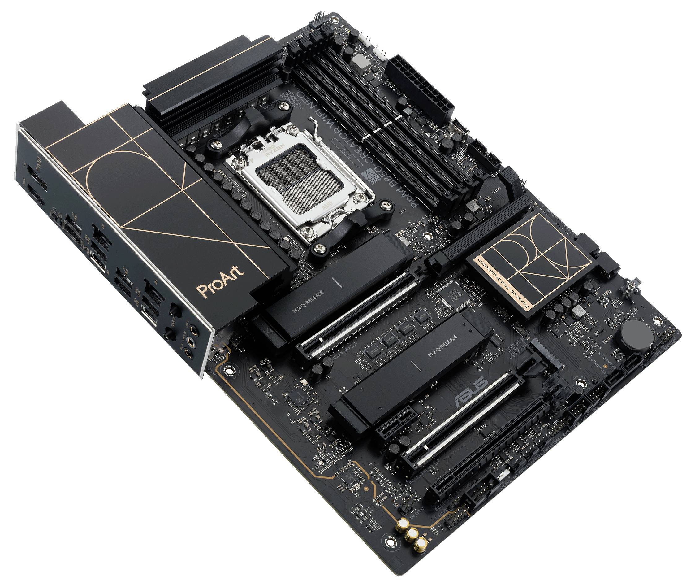 Ein Computermotherboard mit schwarzem und goldenem Design, beschriftet mit „ProArt