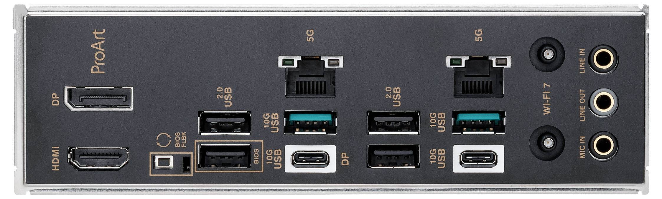 ProArt-Motherboard-Rückseite mit HDMI-, DP-Anschlüssen, mehreren USB-Anschlüssen, zwei Ethernet-Anschlüssen und Audio-Buchsen.