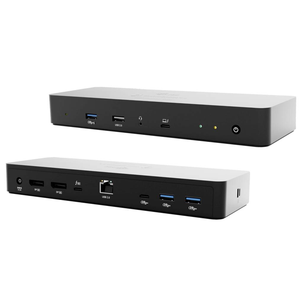 Eine schwarze Laptop-Dockingstation mit mehreren Anschlüssen, darunter USB, HDMI und Ethernet, gezeigt aus Front- und Rückansicht.