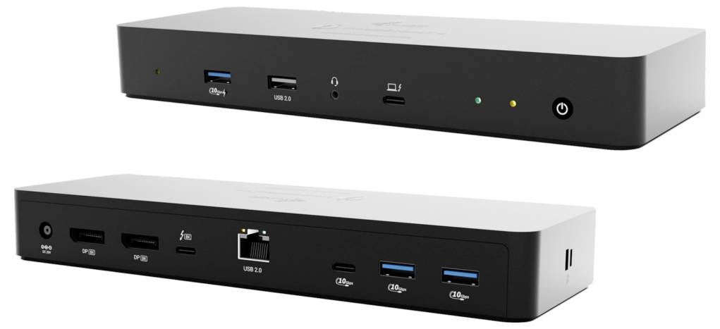 Eine schwarze Multi-Port-Dockingstation mit USB-, Ethernet-, HDMI- und Audio-Anschlüssen, die Front- und Rückansichten zeigt.