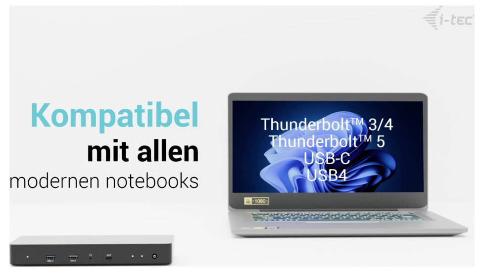 Ein Laptop mit angezeigten Konnektivitätsoptionen steht neben einer Dockingstation. Der Text lautet: „Kompatibel mit allen modernen Notebooks.