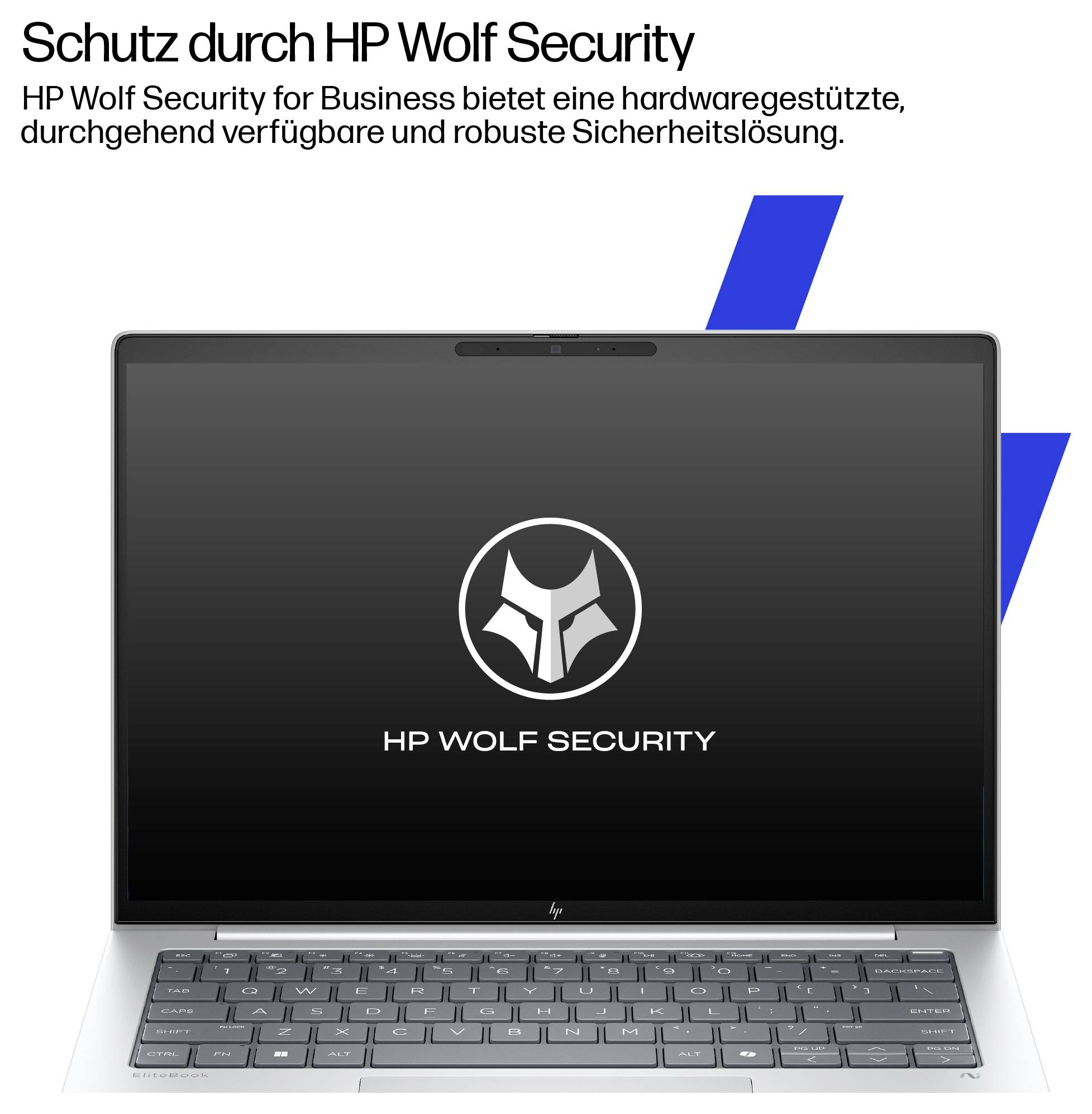 Laptop-Bildschirm zeigt Logo von 'HP Wolf Security'. Text oben: 'Schutz durch HP Wolf Security', beschreibt robuste Sicherheitslösung.