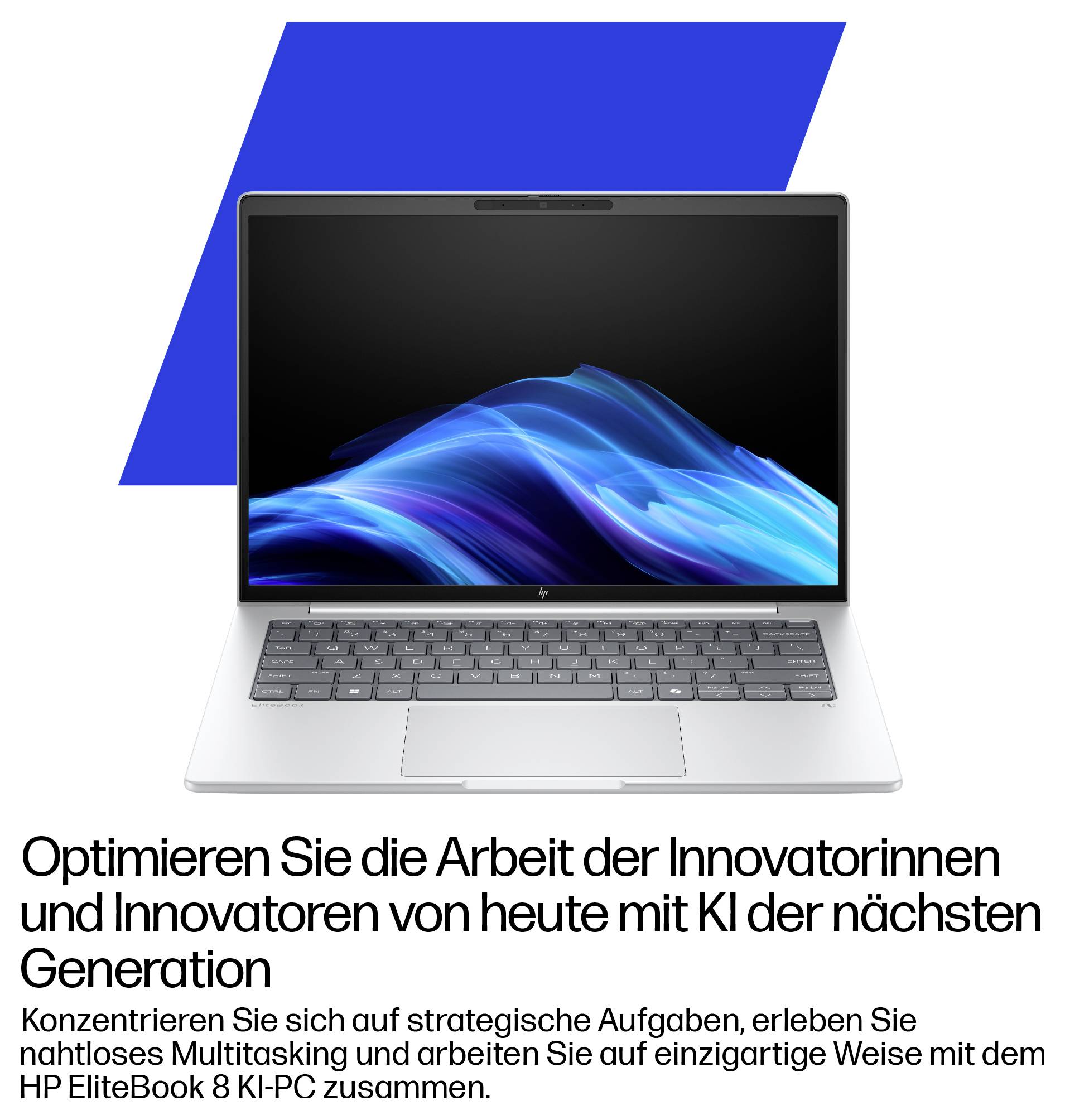 Ein Laptop mit einem blauen Bildschirm. Der Text wirbt für ein HP EliteBook, das innovatives Arbeiten mit KI-Technologie ermöglicht.