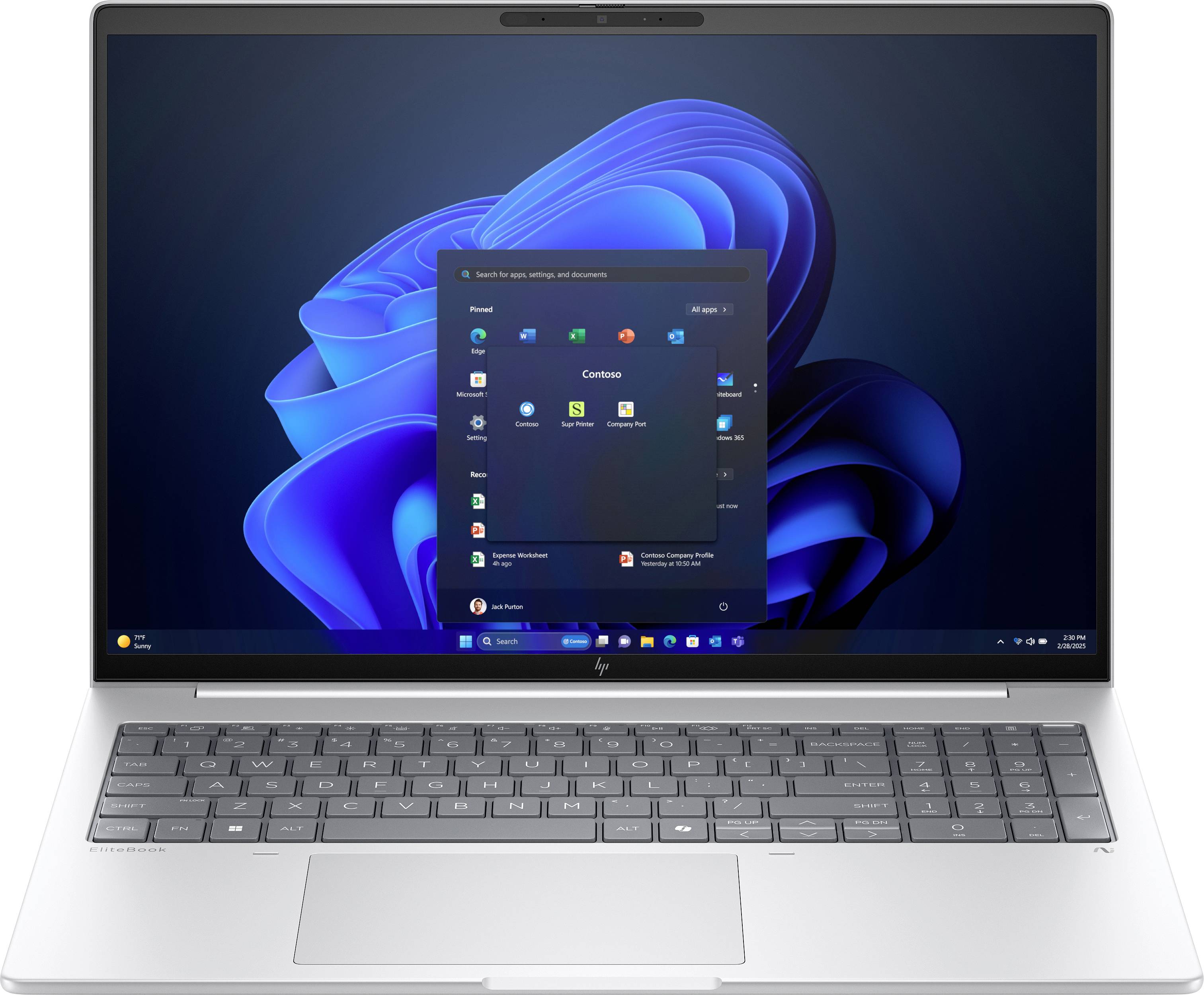 Ein schlanker Laptop, der ein Startmenü mit verschiedenen App-Symbolen vor einem blauen abstrakten Hintergrund auf seinem Bildschirm anzeigt.