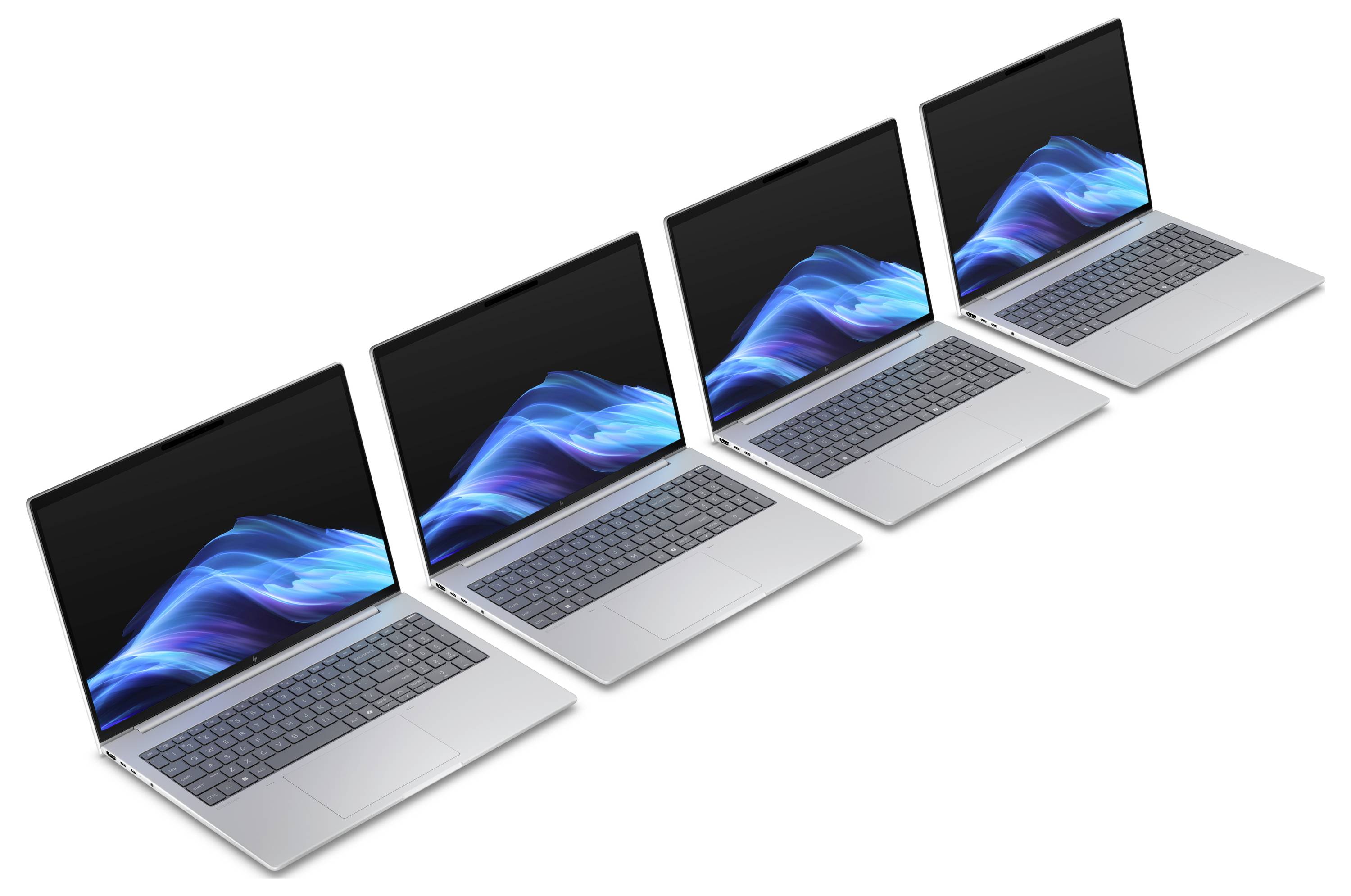 „Vier offene Laptops zeigen auf ihren Bildschirmen ein blaues Wellendesign, jeder in einer gestaffelten Reihe positioniert, was Einheitlichkeit und Modernität suggeriert.
