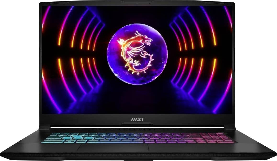 Gaming-Laptop mit MSI-Drachen-Logo auf dem Bildschirm und Tastatur mit Regenbogen-Hintergrundbeleuchtung.