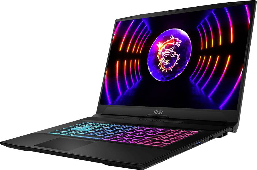 MSI-Laptop mit RGB-beleuchteter Tastatur und Drachen-Logo auf dem Bildschirm, auf weißem Hintergrund gezeigt.