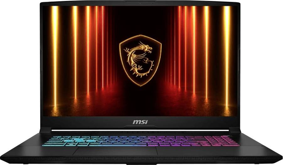 MSI-Gaming-Laptop mit beleuchteter Tastatur und Drachen-Logo auf dem Bildschirm, in der Frontansicht vor weißem Hintergrund dargestellt.