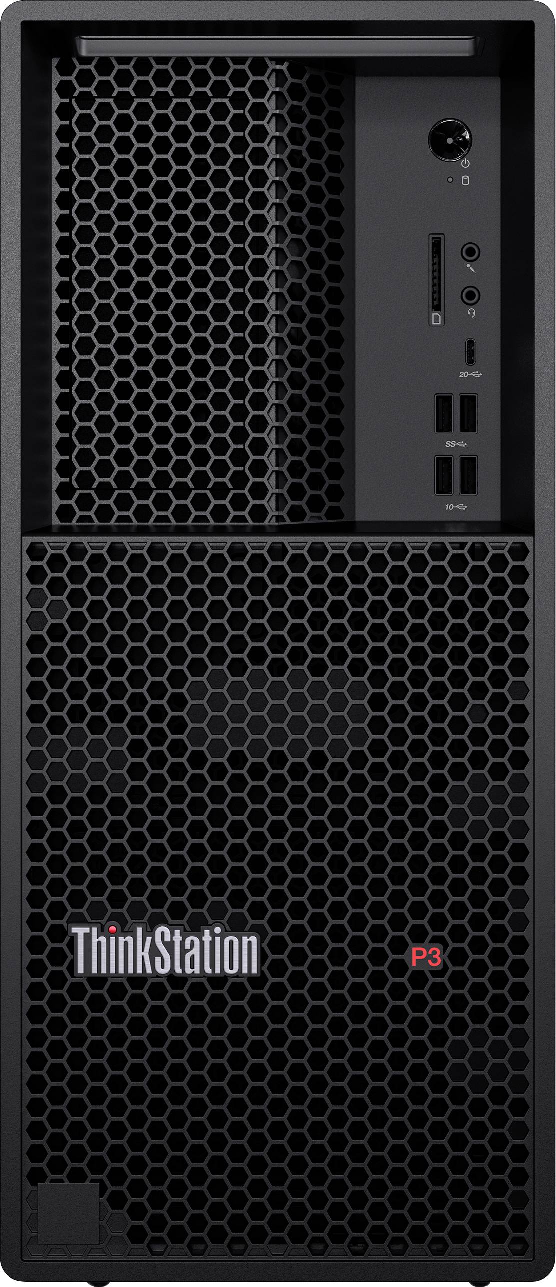 Ein schwarzer Tower-Computer mit der Bezeichnung „ThinkStation