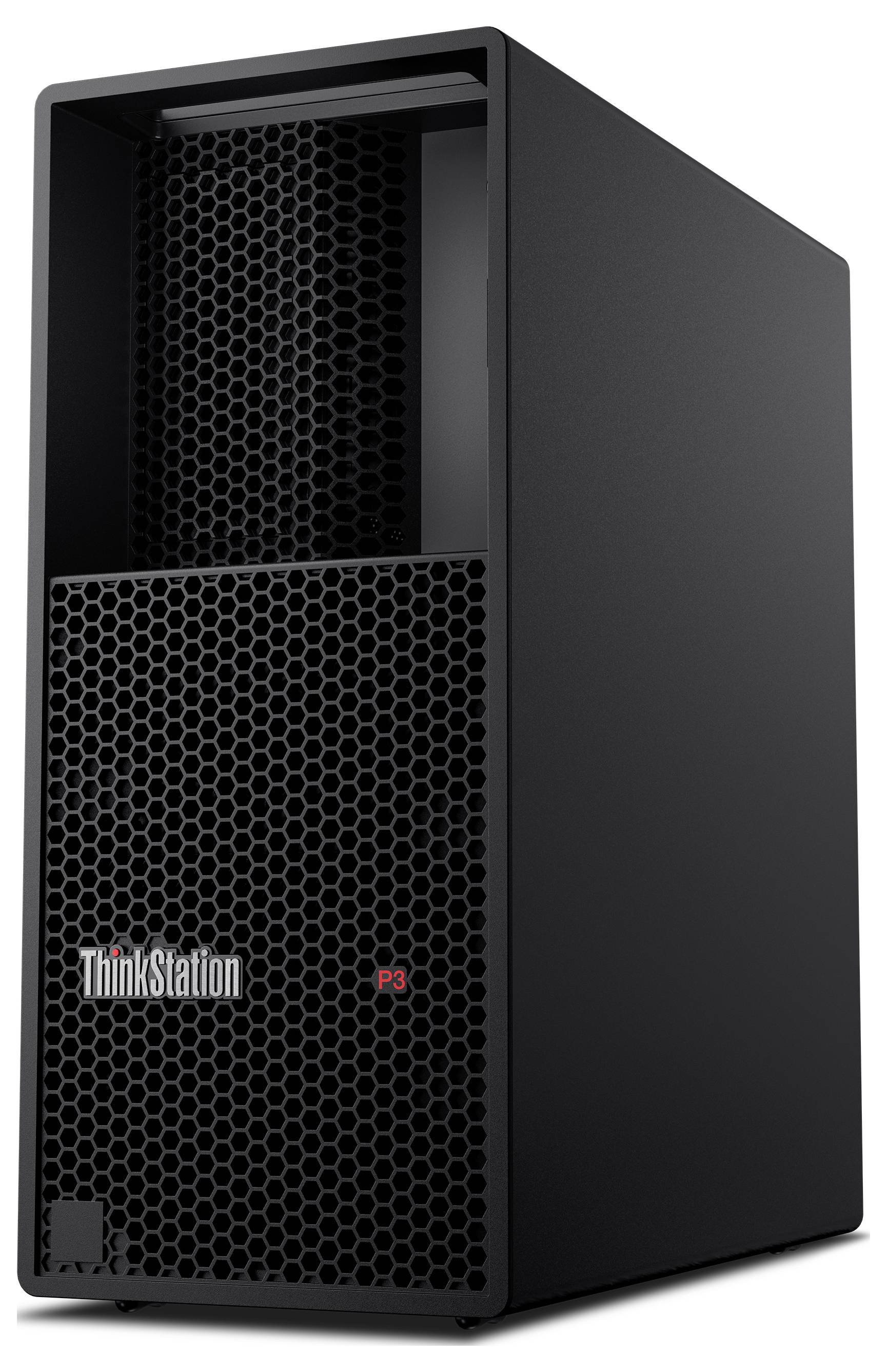 Ein schwarzer ThinkStation P3-Computer-Tower mit Mesh-Frontblende, Logo auf der Seite und schlankem, minimalistischem Design.