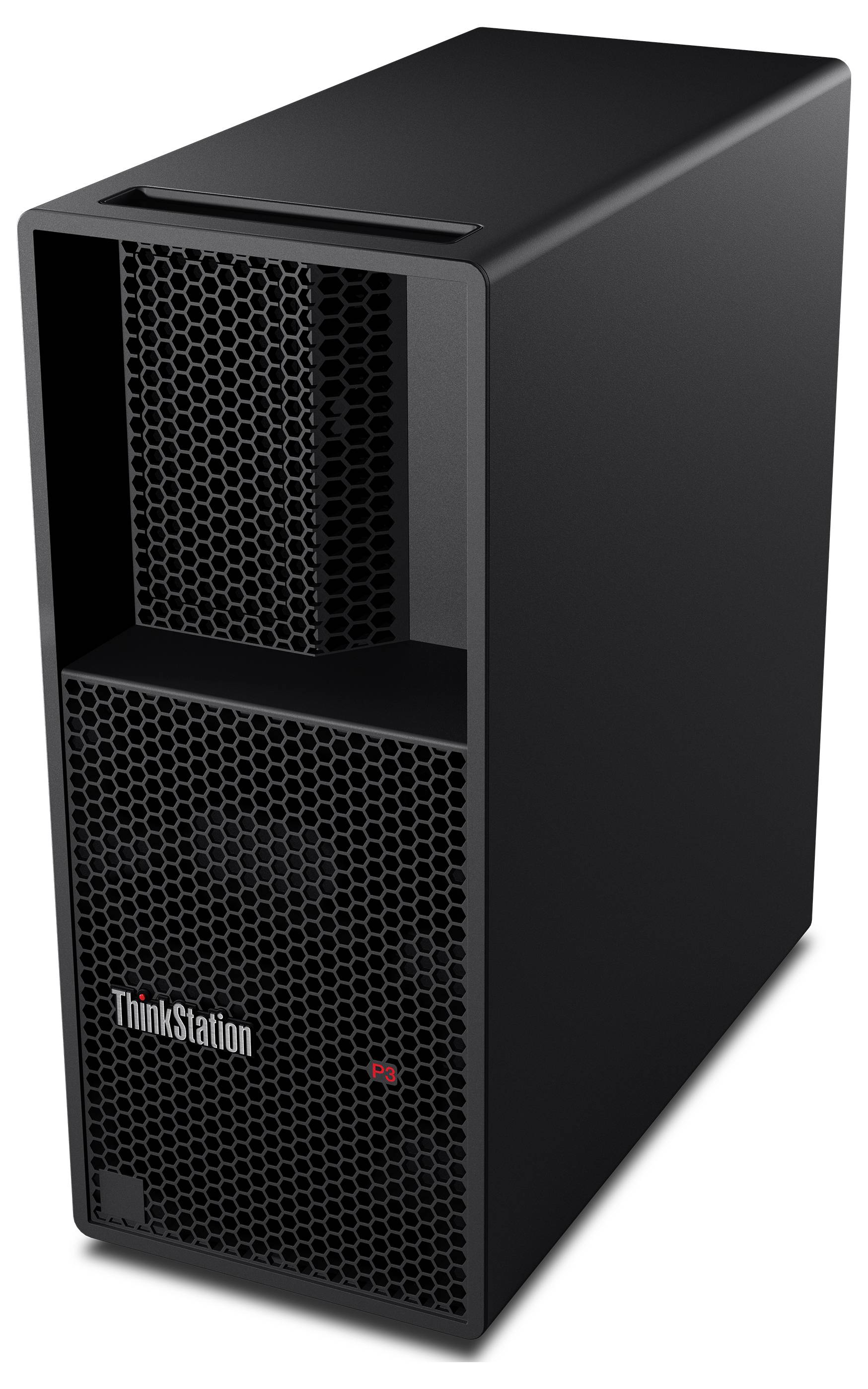 Hoher schwarzer Computer-Tower mit Lüftungsschlitzen, beschriftet mit „ThinkStation