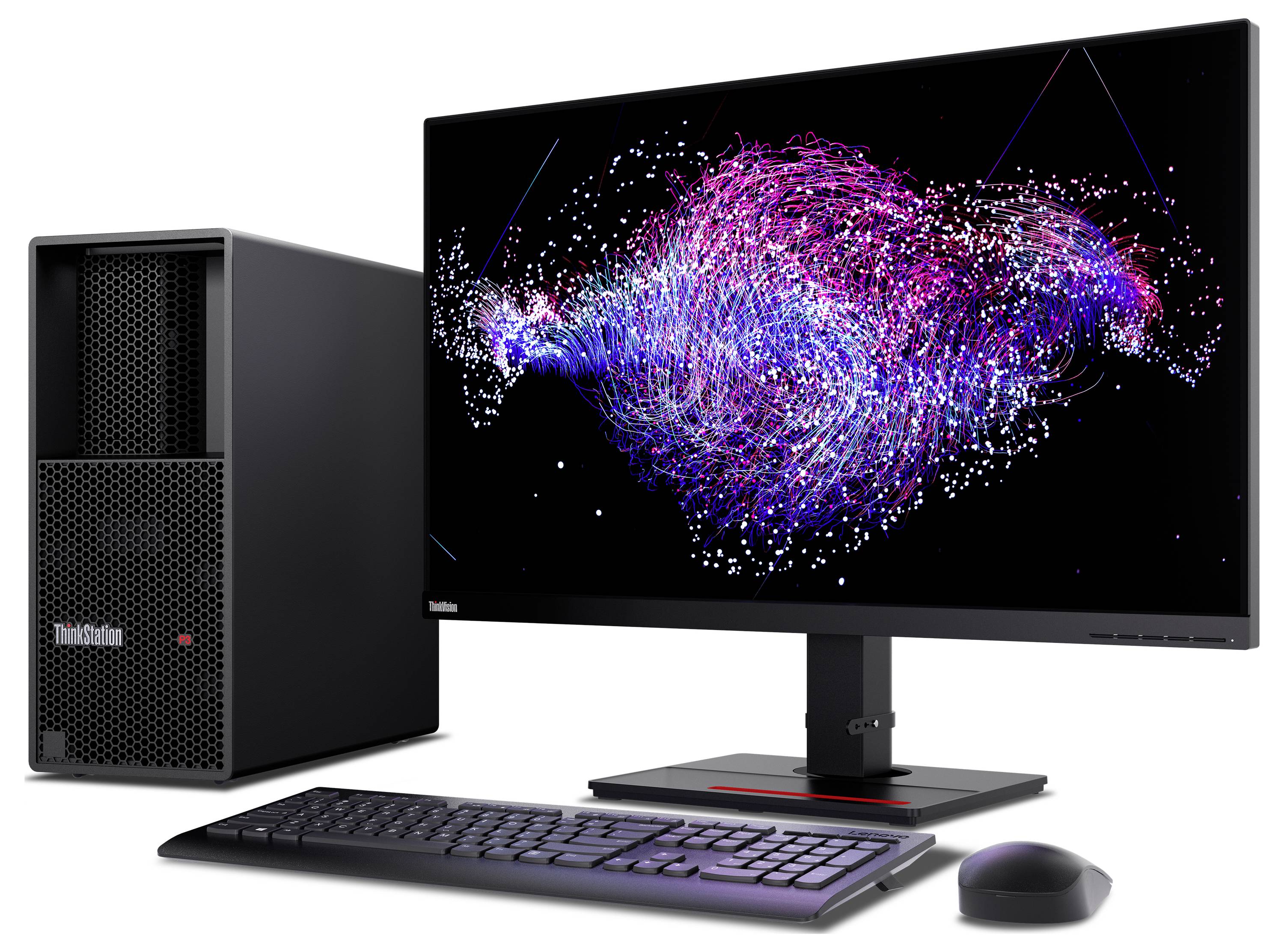 Ein Desktop-Computer-Setup mit Monitor, Tastatur, Maus und Gehäuse. Der Bildschirm zeigt ein farbenfrohes abstraktes Muster vor schwarzem Hintergrund.