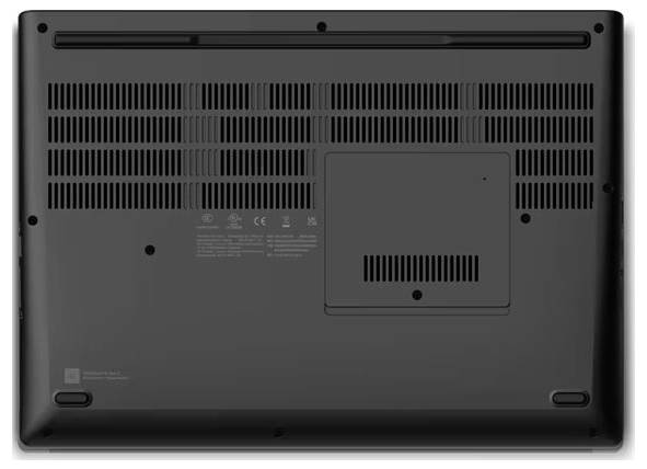 Unteransicht eines Laptops mit Belüftungsgittern, einer abnehmbaren Abdeckung und Gummifüßen.