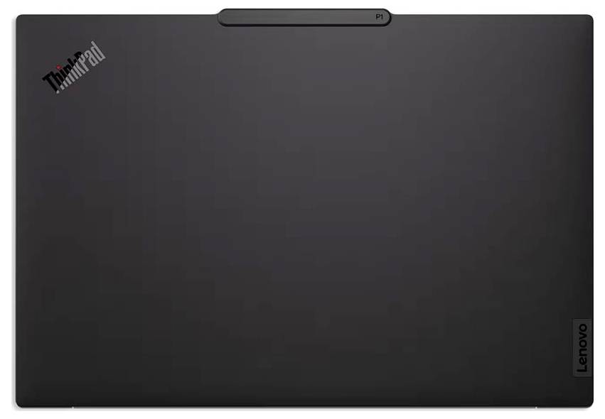 Schwarzer Lenovo ThinkPad-Laptopdeckel mit ThinkPad-Logo oben links und Lenovo-Branding unten rechts.