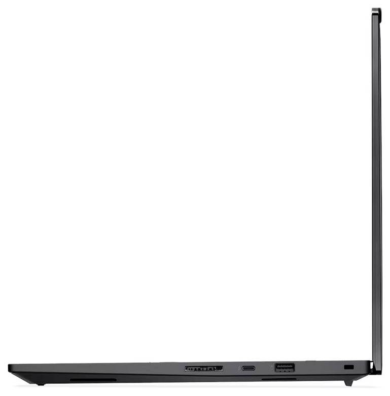 Dünner schwarzer Laptop, geschlossen in Seitenansicht mit aufrechtem Bildschirm, der das schlanke Profil und die Anschlüsse entlang der Kante betont.