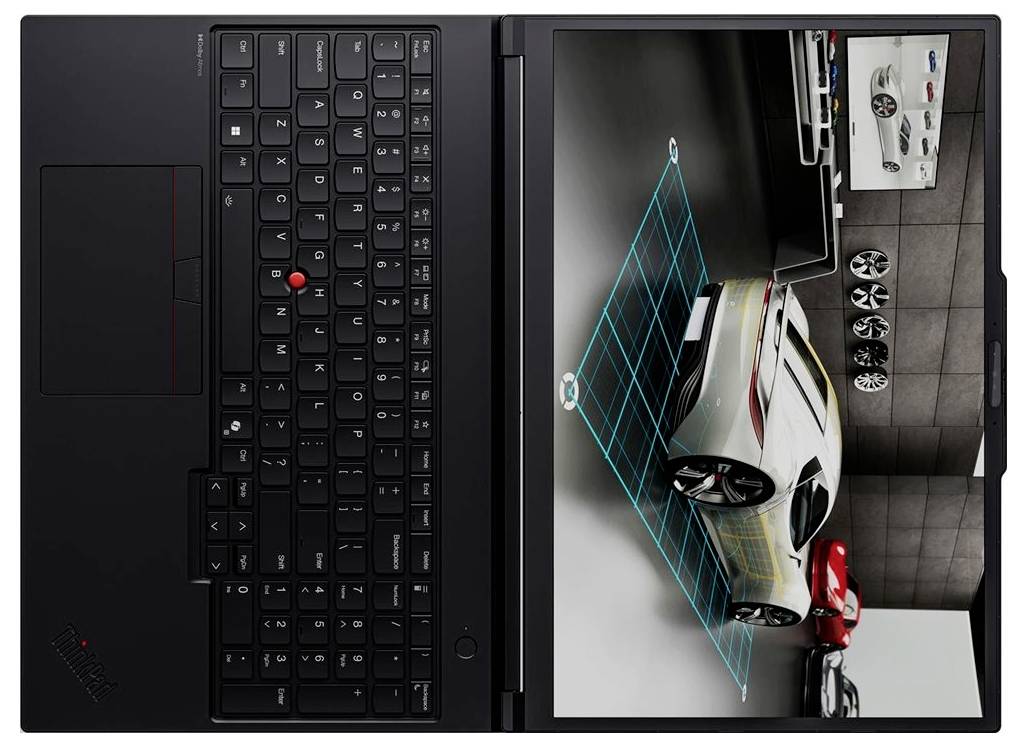 Draufsicht auf einen Laptop, der links eine Tastatur zeigt und auf dem Bildschirm ein Autodesign/eine Rendering mit einem weißen Auto angezeigt wird, das in einer ausstellungsähnlichen Szene durch ein blaues Gitter hervorgehoben ist.
