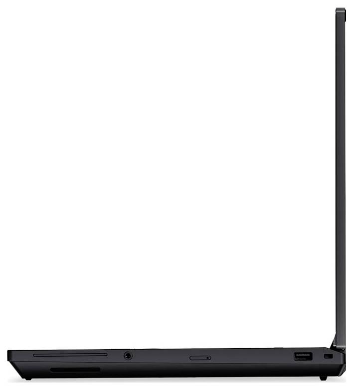 Seitenansicht eines schwarzen Laptops mit flachem Gehäuse und angehobener Displayscharniere, mit mehreren an der Kante sichtbaren Anschlüssen.