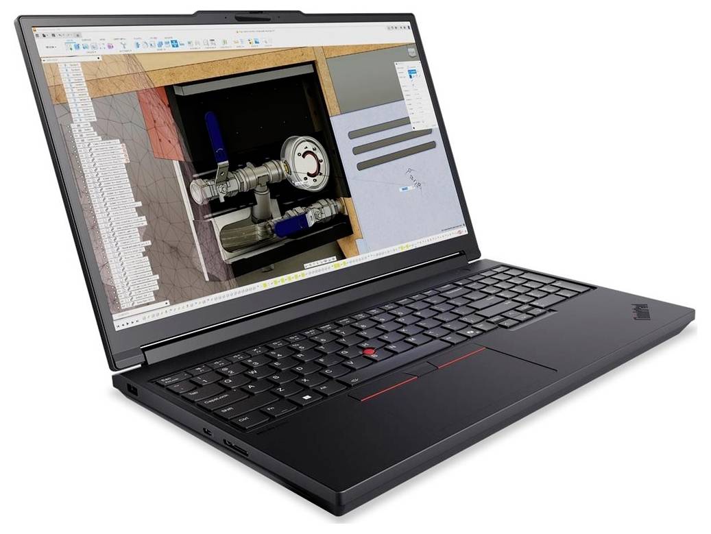 Schwarzer Lenovo ThinkPad Laptop, der ein 3D-Ingenieur-/CAD-Modell von Maschinenteilen und ein Messinstrument auf dem Bildschirm anzeigt.