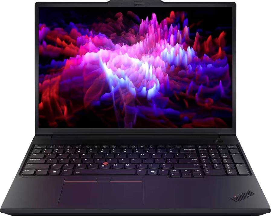 Schwarzer Lenovo ThinkPad Laptop geöffnet, zeigt ein lebendiges abstraktes Display in Pink, Lila und Rot auf dem Bildschirm.