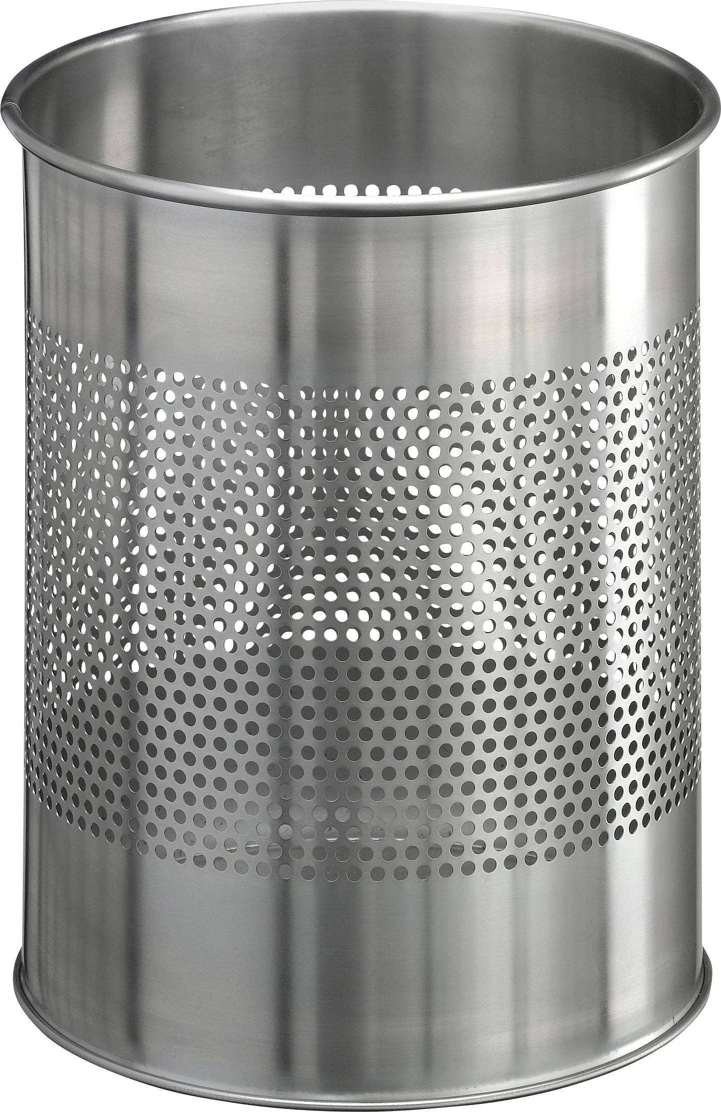 Ein Stifthalter aus Edelstahl mit durchlöchertem Design, zylindrische Form, vor einem schlichten weißen Hintergrund platziert.