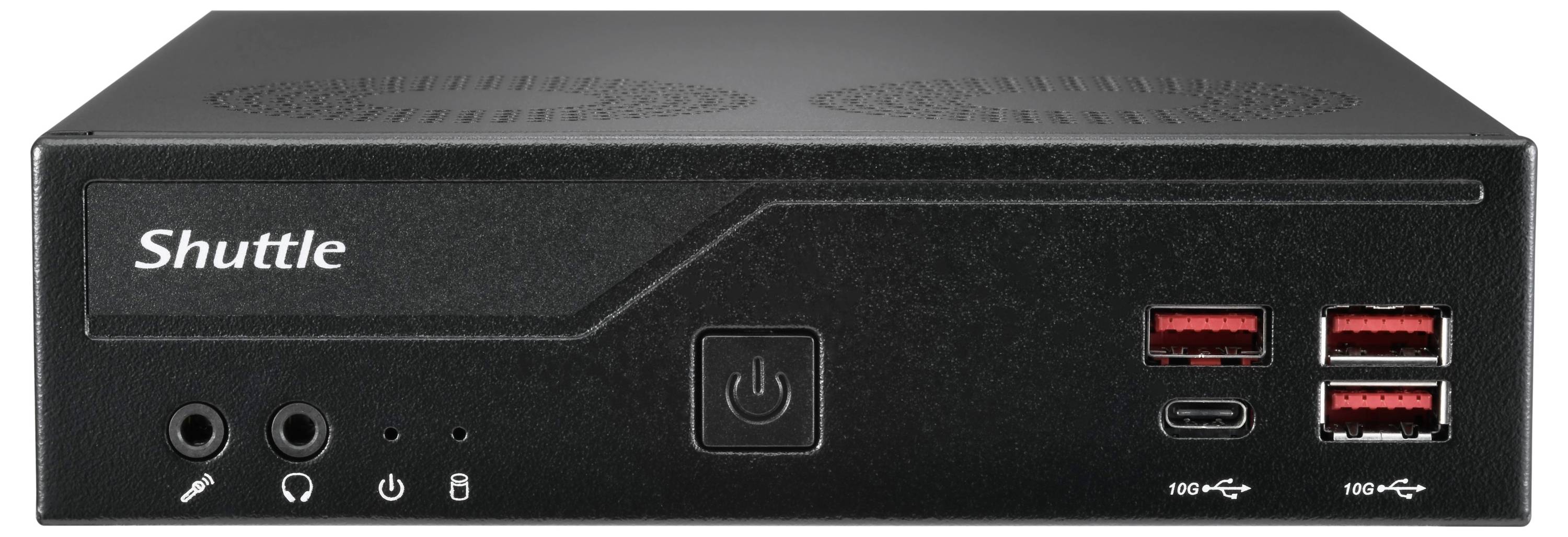 Schwarze Shuttle Mini-PC Frontplatte mit Stromschalter, Kopfhörer- und Mikrofonbuchsen, USB-C-Anschluss und drei USB-Anschlüssen.