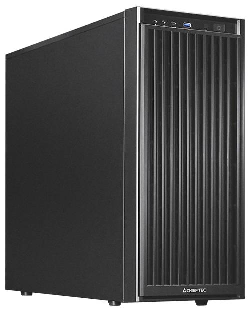 Ein schwarzer Desktop-Computer-Tower mit vertikalem Lüftungsdesign und USB-Anschlüssen an der Vorderseite, auf dem das Logo 